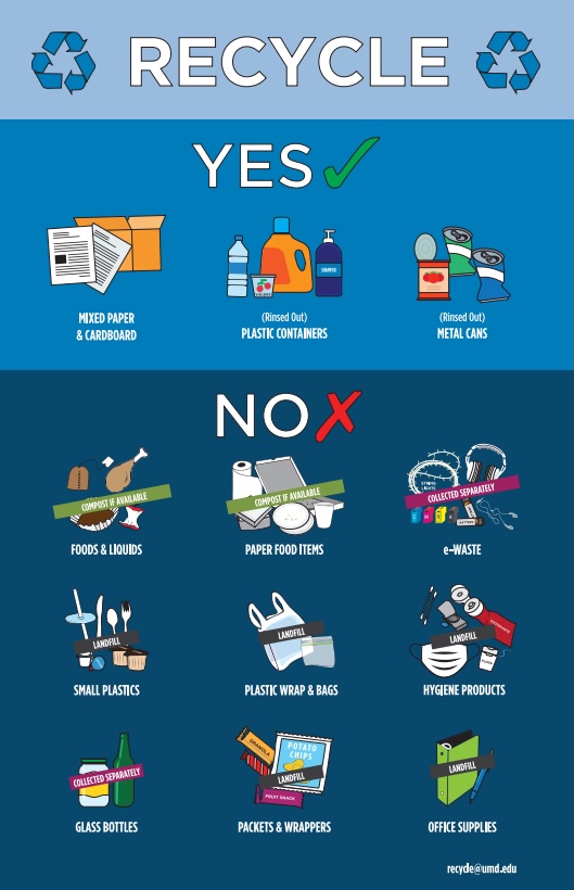 Accepted items in blue recycling bin at UMD