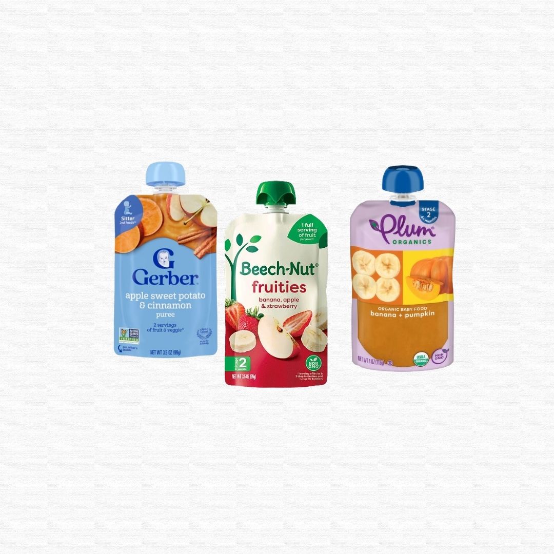 Squeezable plastic baby food pouches with large plastic caps