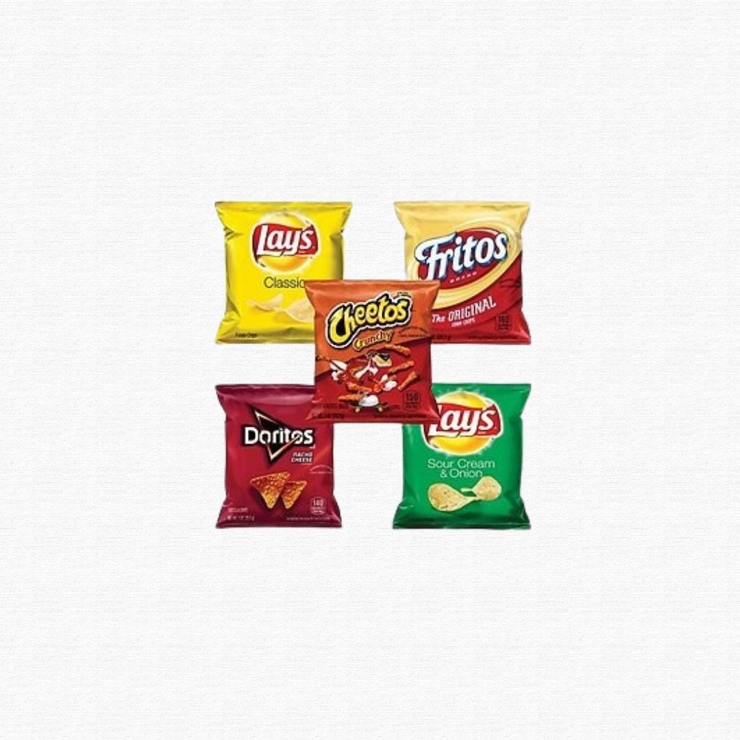Empty, crinkly plastic and aluminum foil chip and snack bags