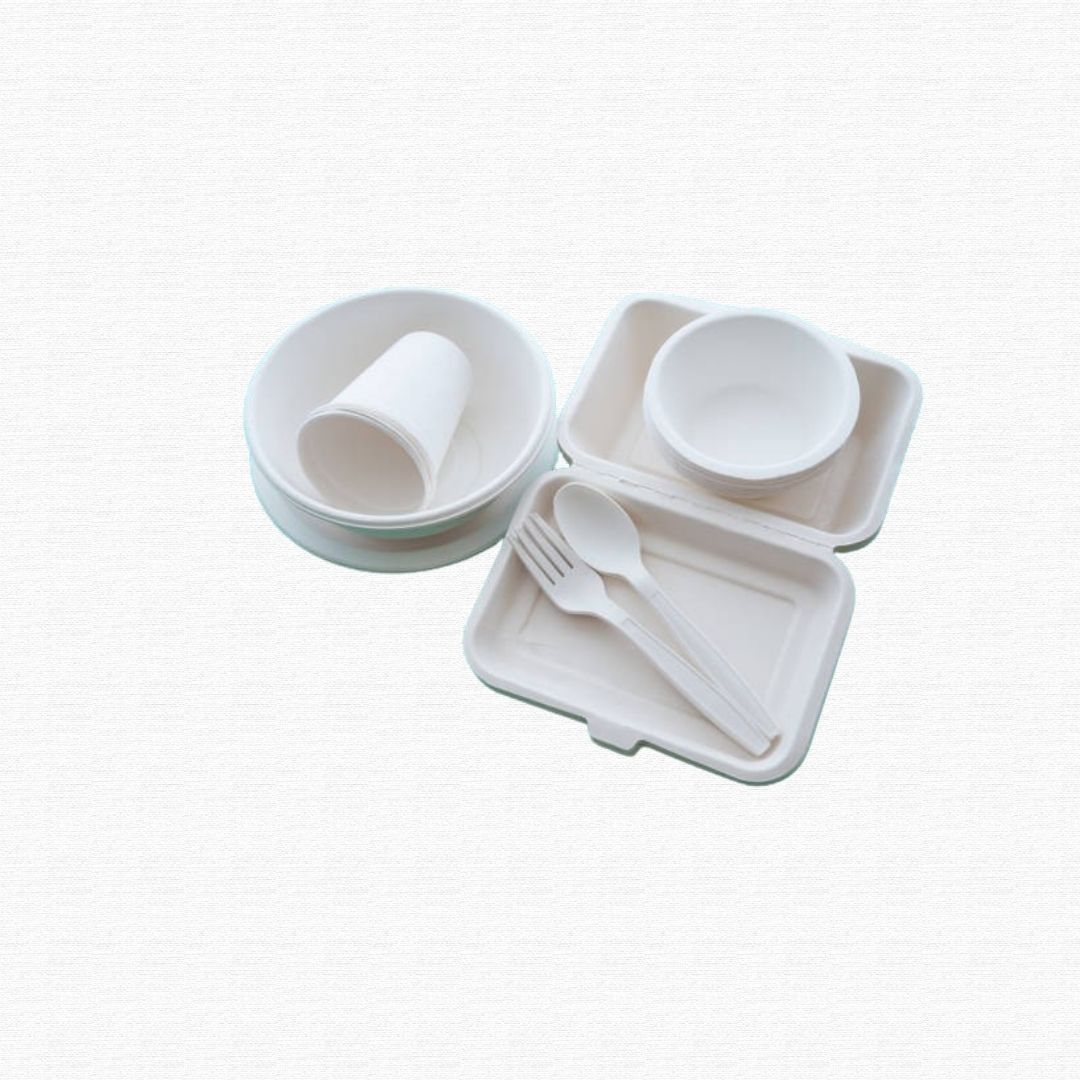 Single-use compostable bio-plastic cups and forks