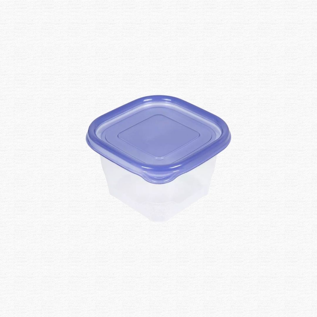 A stack of reusable plastic kitchen storage boxes and matching snap lids.