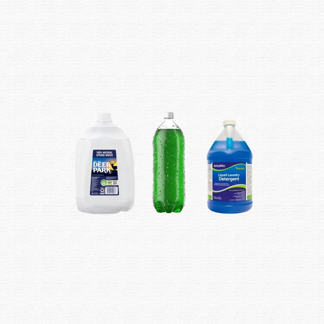 Large plastic laundry detergent jugs and soda bottles