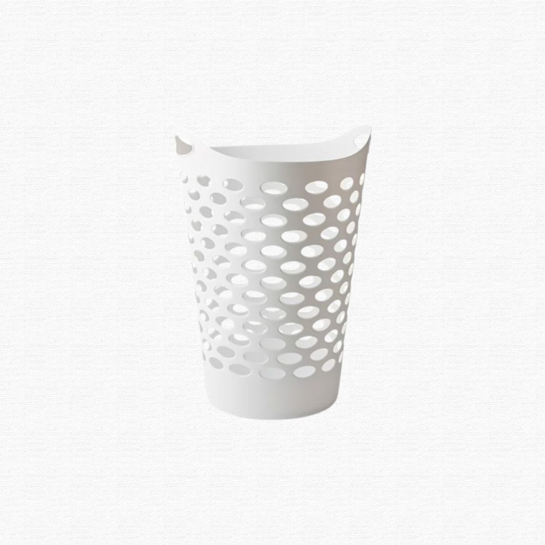 A slotted tall plastic clothes basket container.