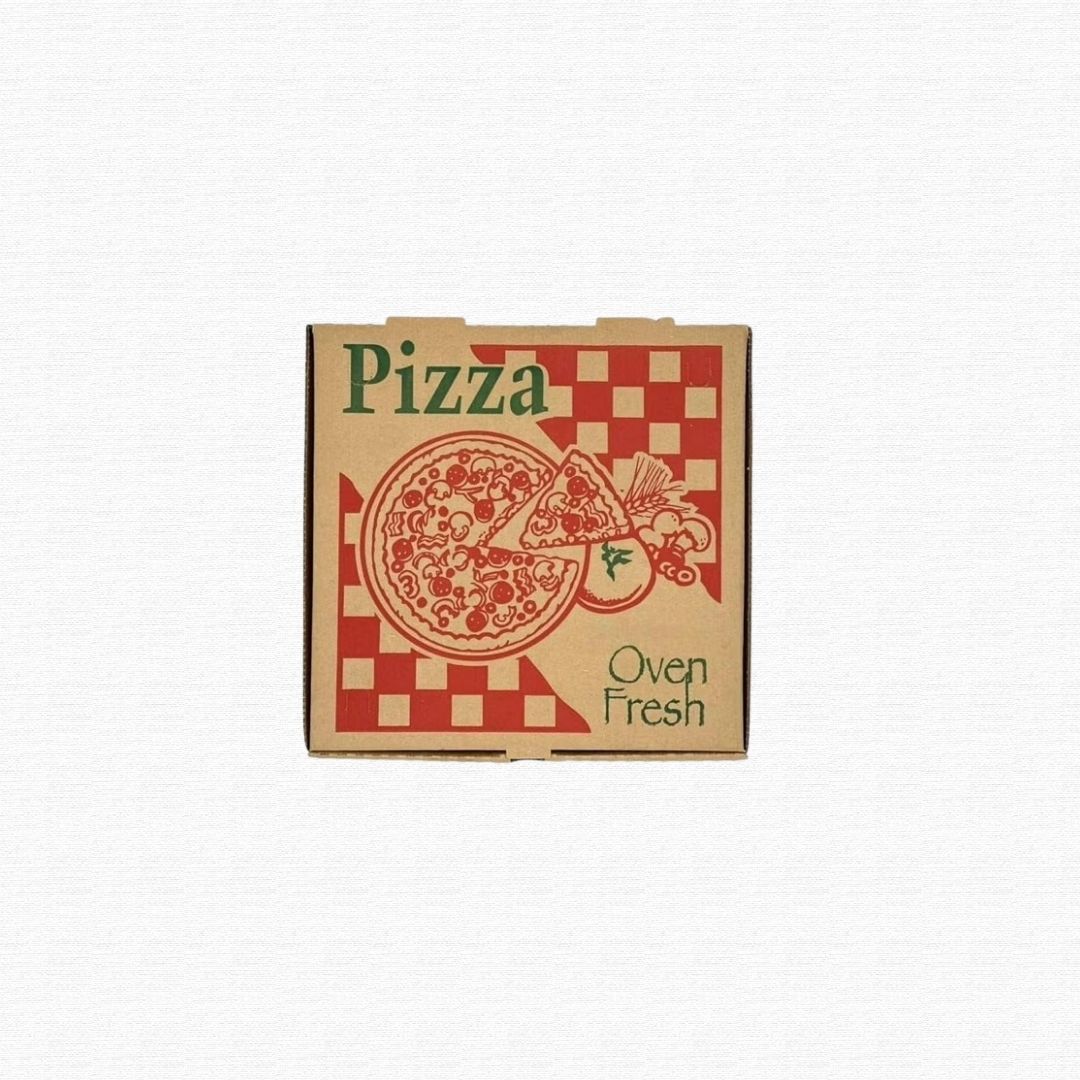 A corrugated cardboard pizza delivery box with grease stains