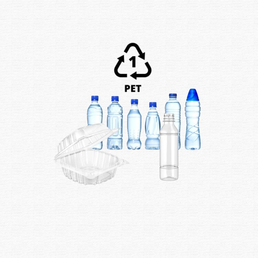 Clear single-use plastic carbonated soda and mineral water bottles.