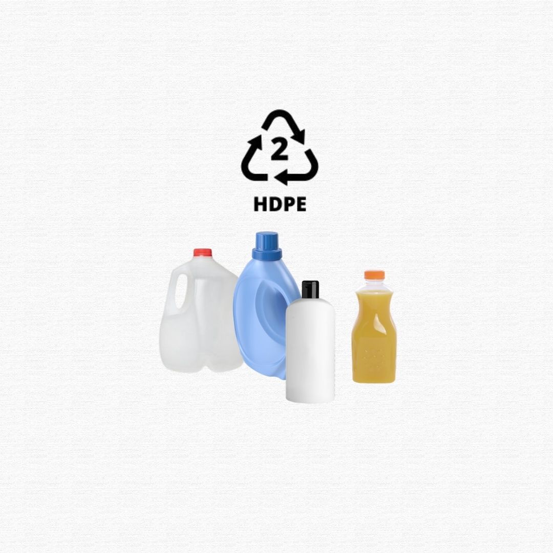 Sturdy opaque plastic laundry detergent and household milk jugs.