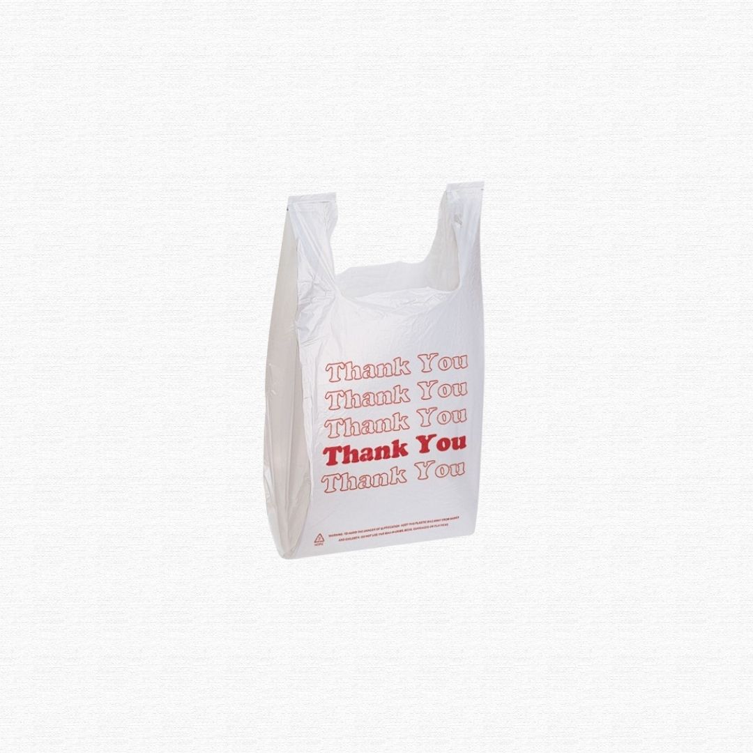 A bundle of gray and white plastic grocery bags