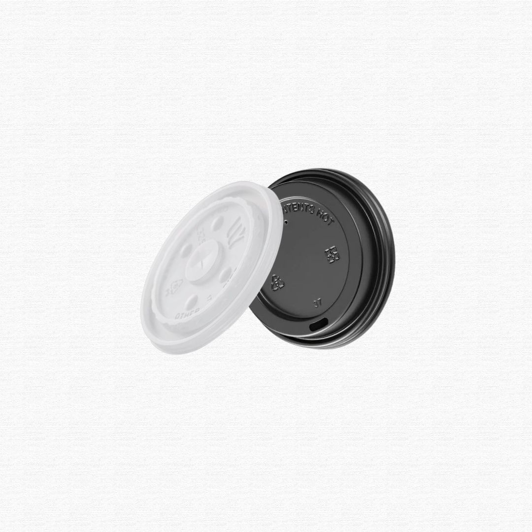 Assorted thin coffee container covers and plastic twist-off container tops.