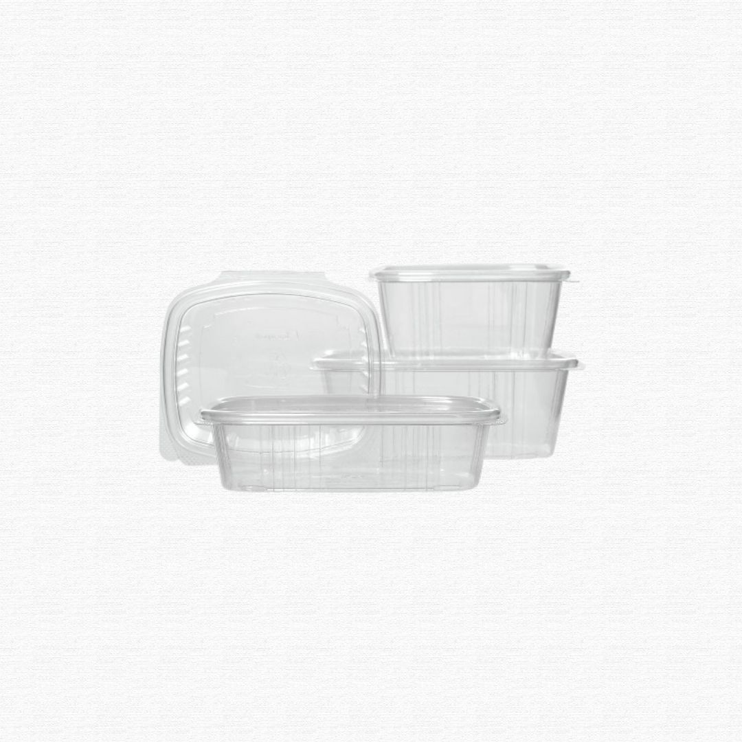 Clear plastic takeout food containers stacked together