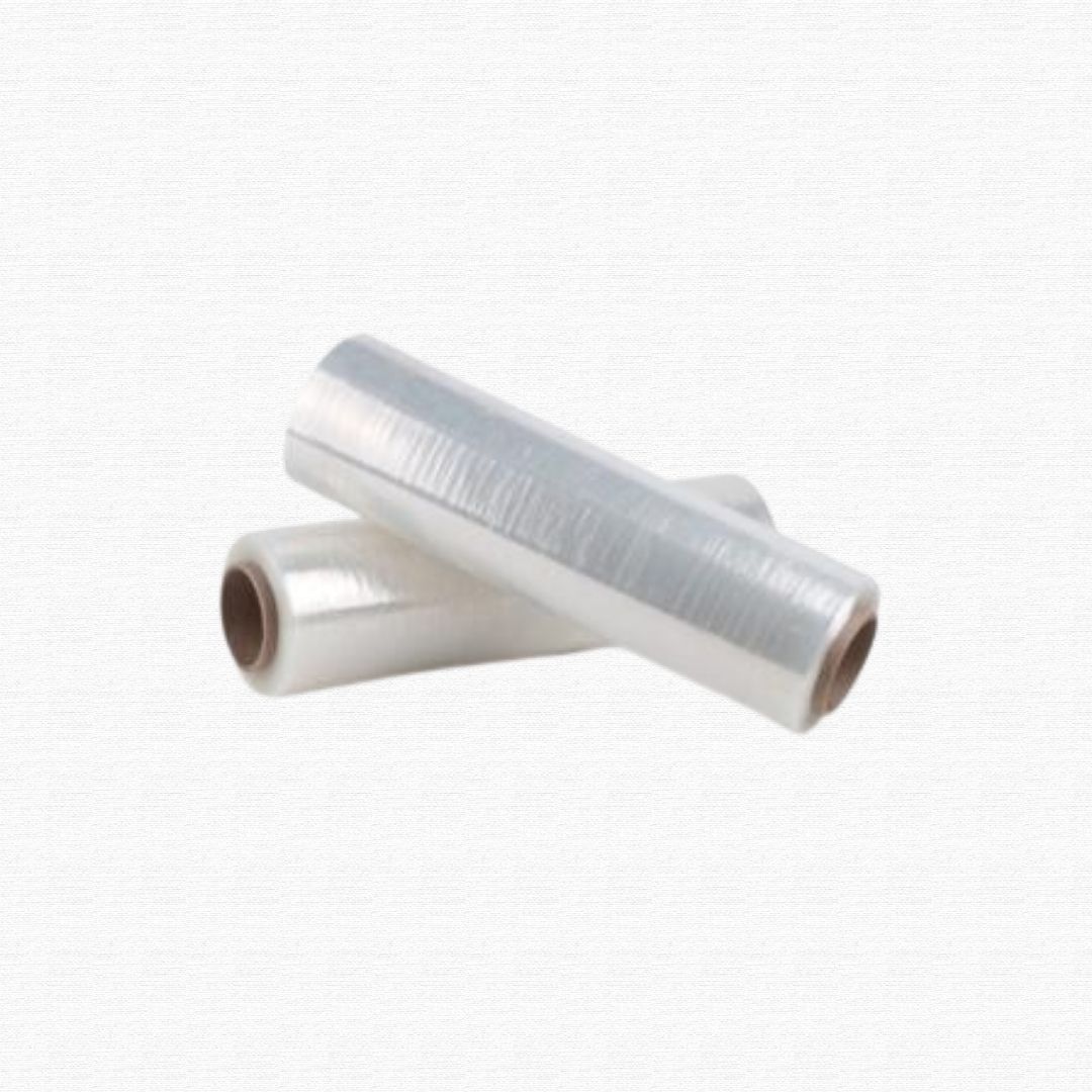 A roll of clear polymer thin transparent food preservation cling foil.
