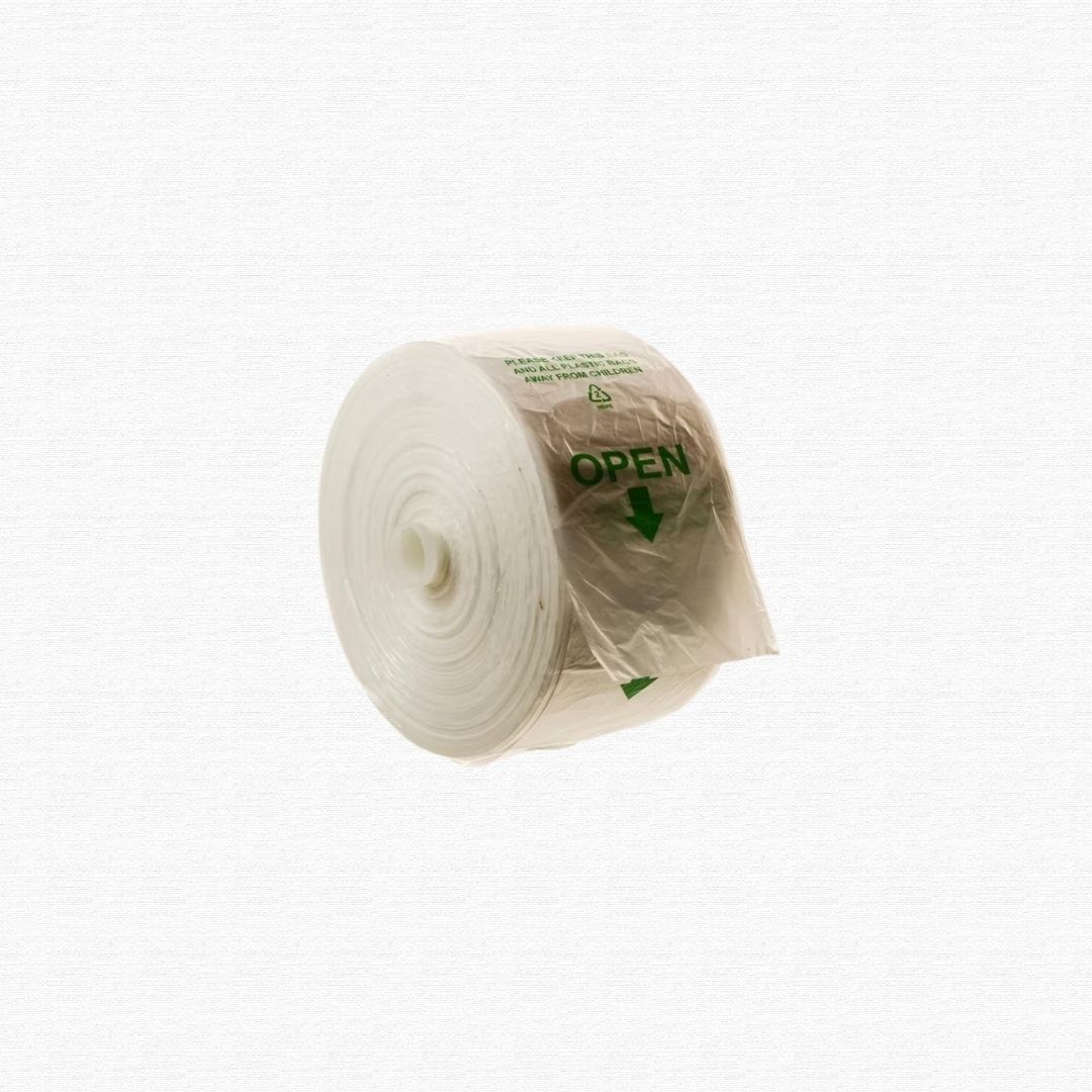 Thin, clear plastic rolls of grocery store produce bags