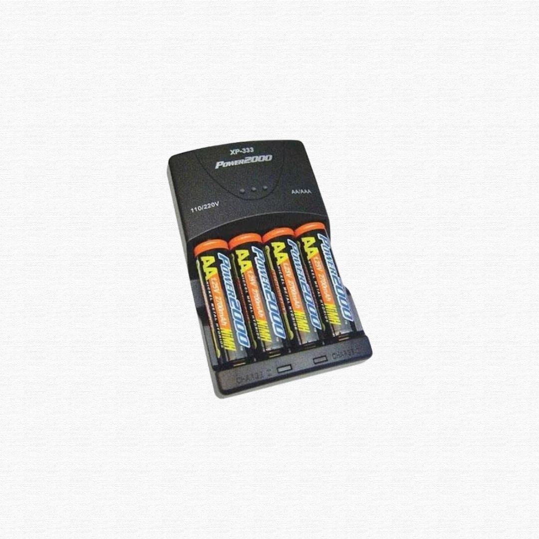 Rechargeable cylindrical battery units aligned together.