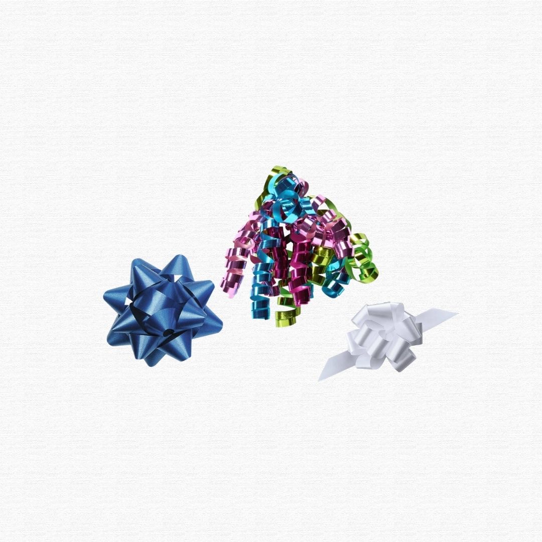 Shiny decorative gift ribbons and stick-on bows