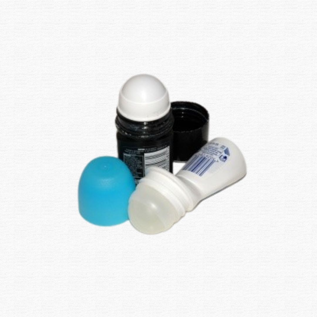 A plastic roll-on deodorant bottle with its cap removed