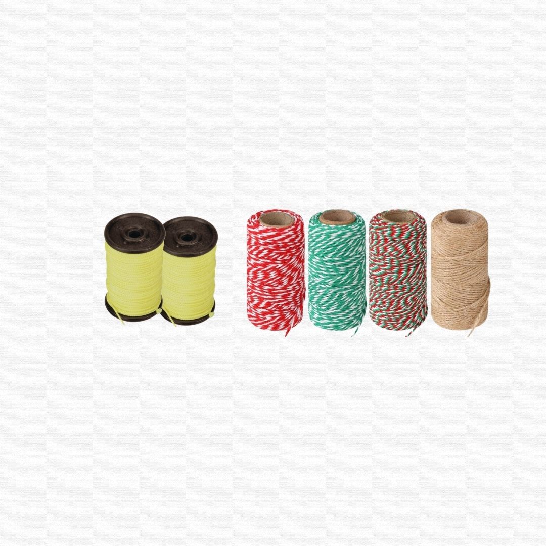 A bundle roll of natural fibrous structural packing garden twine cord.