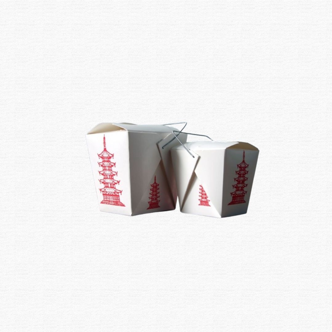 A plastic-lined paperboard takeout container from a restaurant