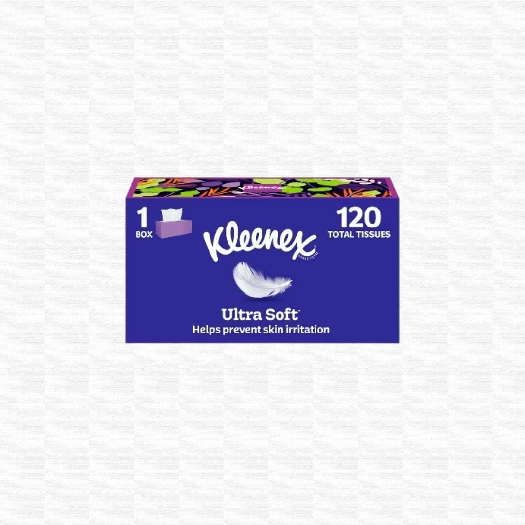 A cardboard box holding facial tissues