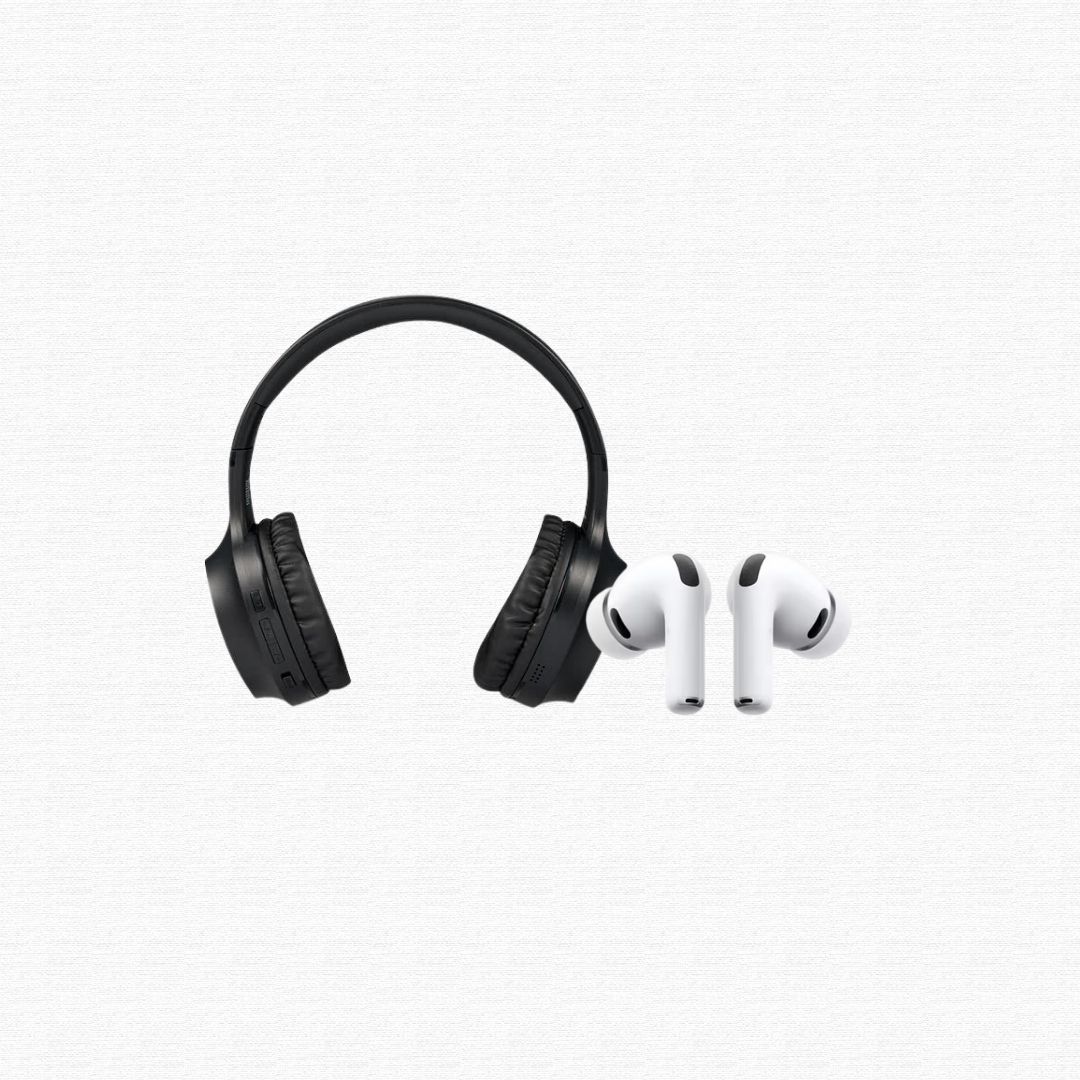 A set of wireless headphones near an electronic sorting tray.